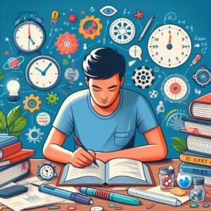 NEET 2024 Exam Preparation Tips - Illustration of a Student Studying with Books and Notes